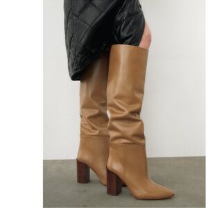NEW ZARA Leather Knee High Heeled Camel Boots 38 Size 7.5